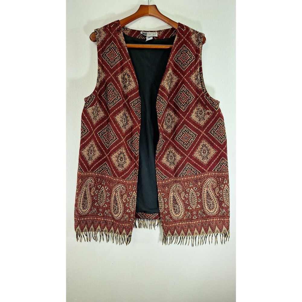 Vtg VICTORIA MORGAN SPORT 100% Wool Floral Fringe Printed Long Vest Women M Boho